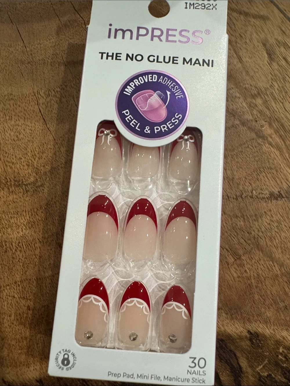 imPRESS Red and Nude French Tip Press-On Nails with White Lace & Bow Accents